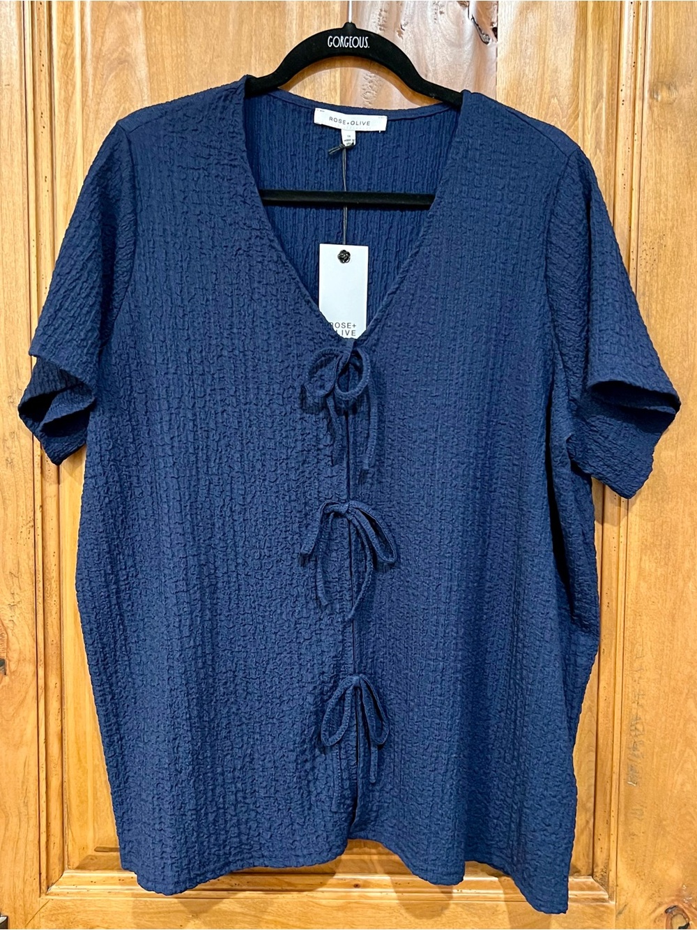 Rose & Olive Navy Tie-Front Textured V-Neck Top - NWT!